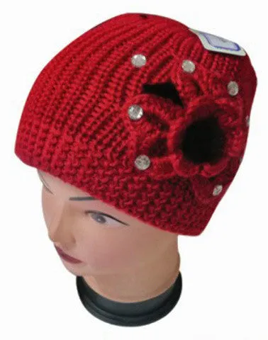 women's knit yarn beanie hats w/ rhinestone floral adornement Case of 120