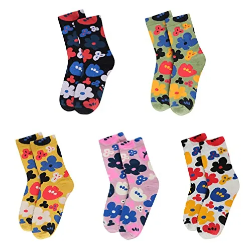 Womens Novelty Funny Crew Socks Girls Cute Floral Colorful Patterned Socks Silly Funky Casual Cotton Flower printed Socks Gift，5 Pair-colorful Flower1