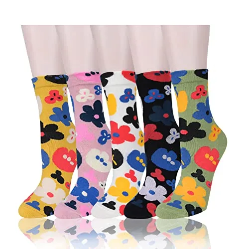 Womens Novelty Funny Crew Socks Girls Cute Floral Colorful Patterned Socks Silly Funky Casual Cotton Flower printed Socks Gift，5 Pair-colorful Flower1