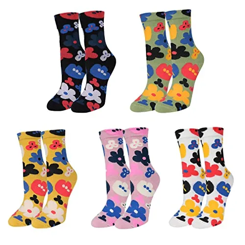 Womens Novelty Funny Crew Socks Girls Cute Floral Colorful Patterned Socks Silly Funky Casual Cotton Flower printed Socks Gift，5 Pair-colorful Flower1