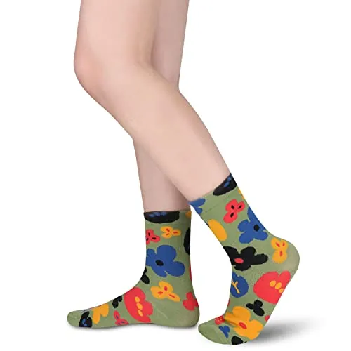 Womens Novelty Funny Crew Socks Girls Cute Floral Colorful Patterned Socks Silly Funky Casual Cotton Flower printed Socks Gift，5 Pair-colorful Flower1