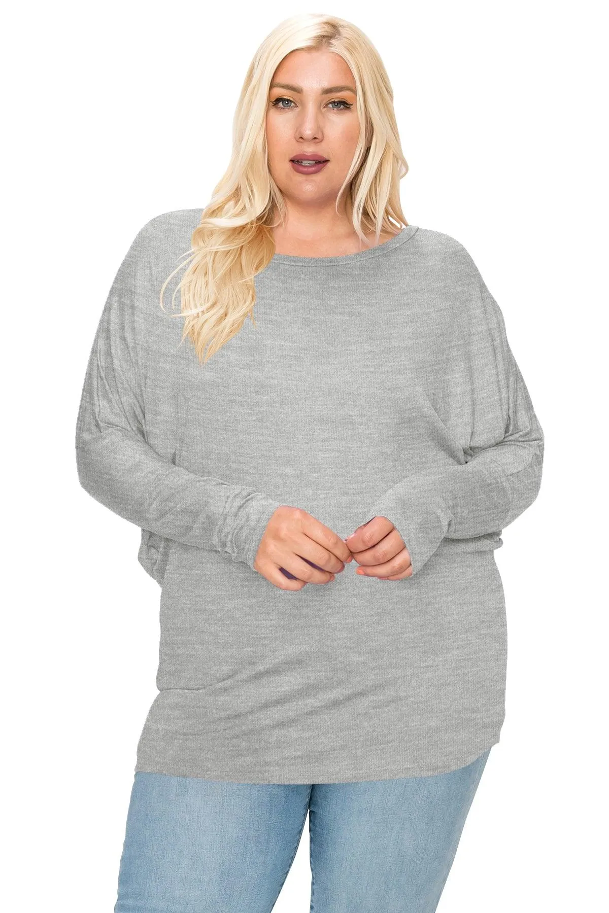 Women's Plus Size Dolman Long Sleeve Solid Loose Fit Tunic Top