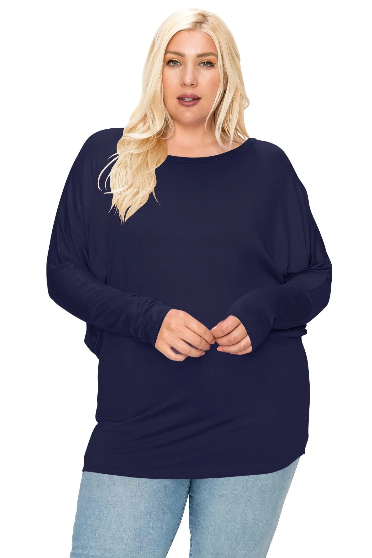 Women's Plus Size Dolman Long Sleeve Solid Loose Fit Tunic Top