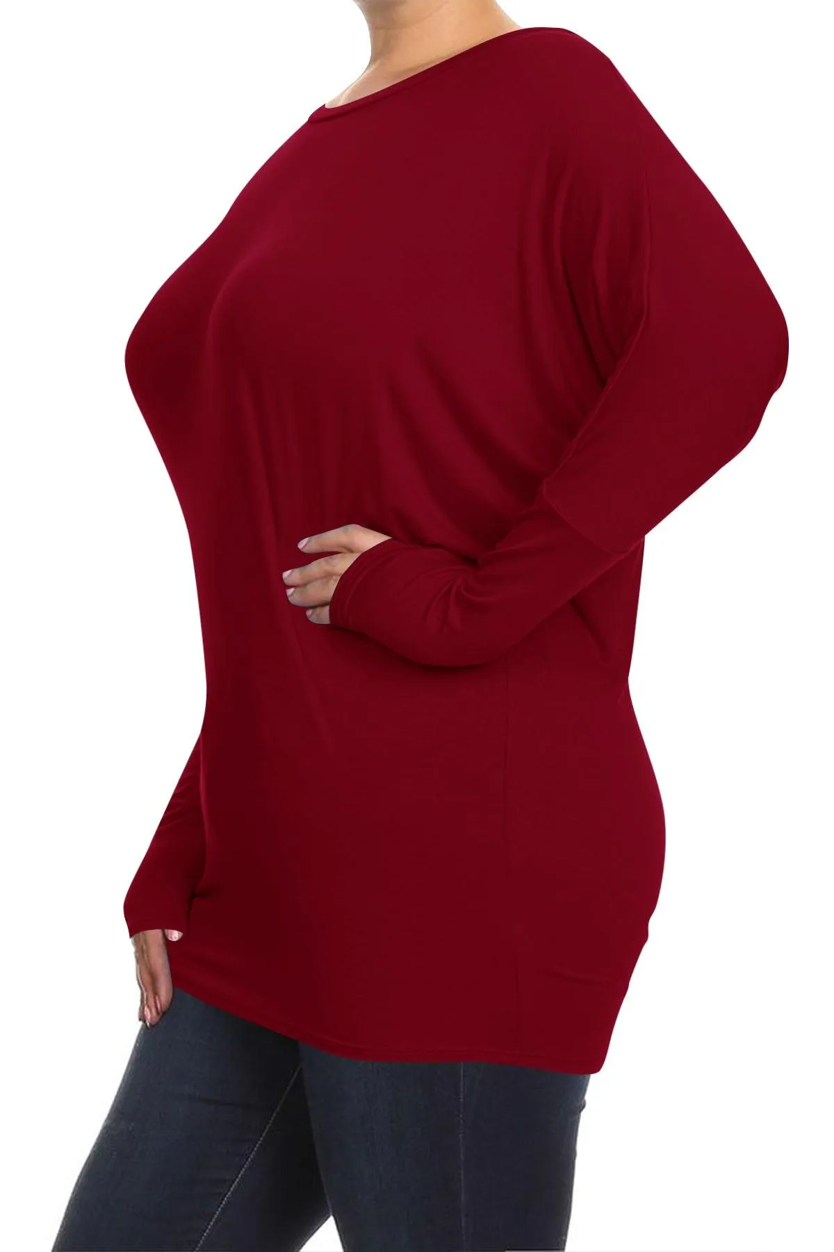 Women's Plus Size Dolman Long Sleeve Solid Loose Fit Tunic Top