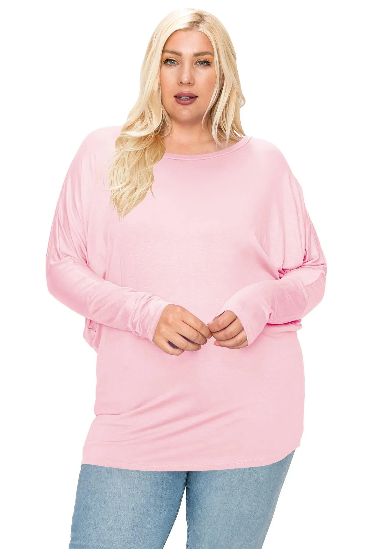 Women's Plus Size Dolman Long Sleeve Solid Loose Fit Tunic Top