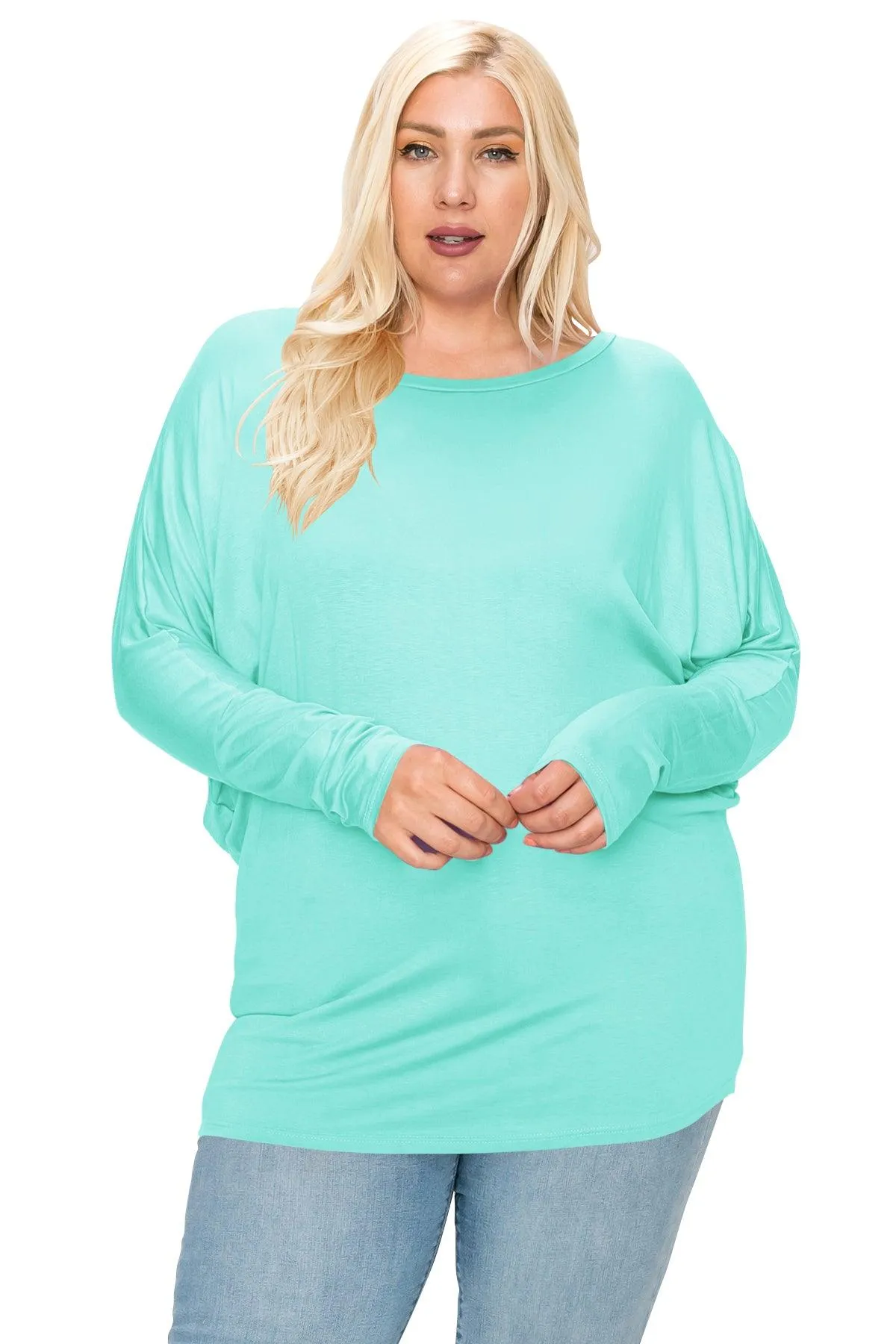 Women's Plus Size Dolman Long Sleeve Solid Loose Fit Tunic Top