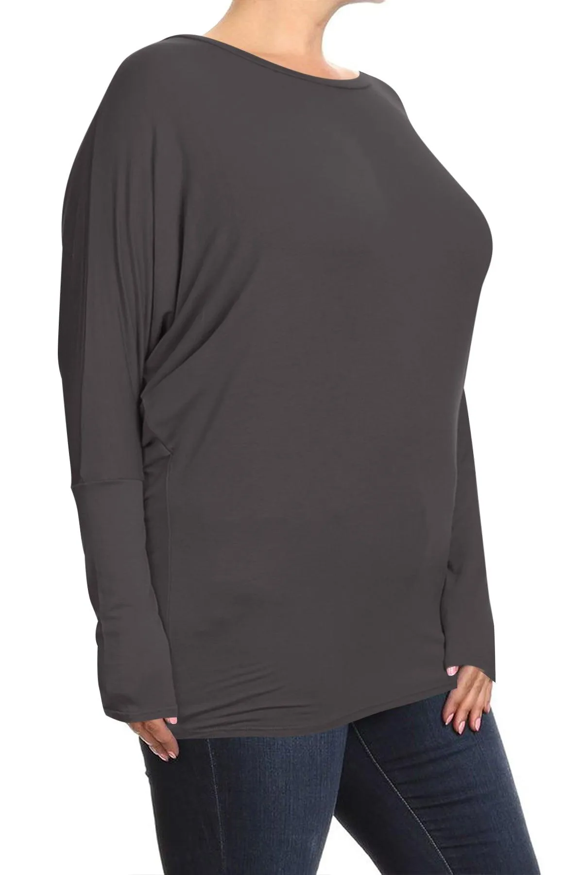 Women's Plus Size Dolman Long Sleeve Solid Loose Fit Tunic Top