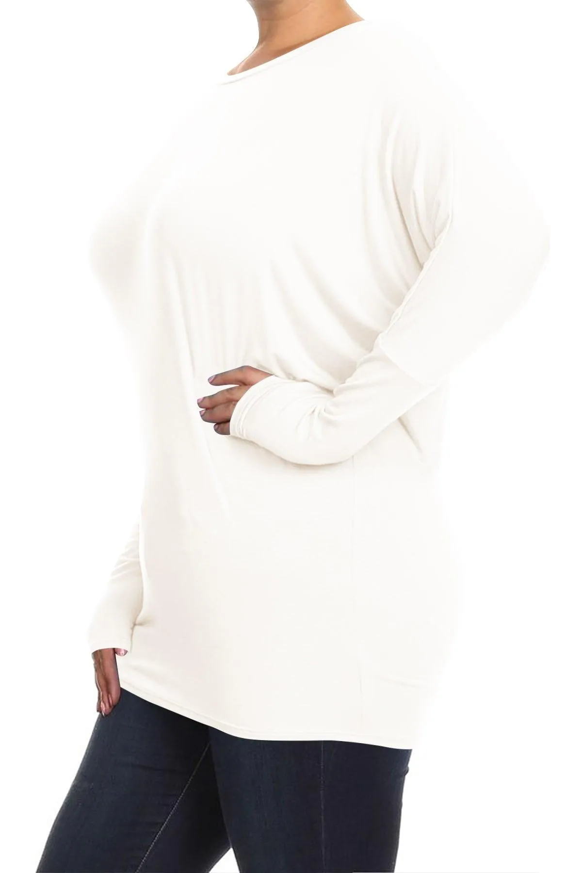 Women's Plus Size Dolman Long Sleeve Solid Loose Fit Tunic Top