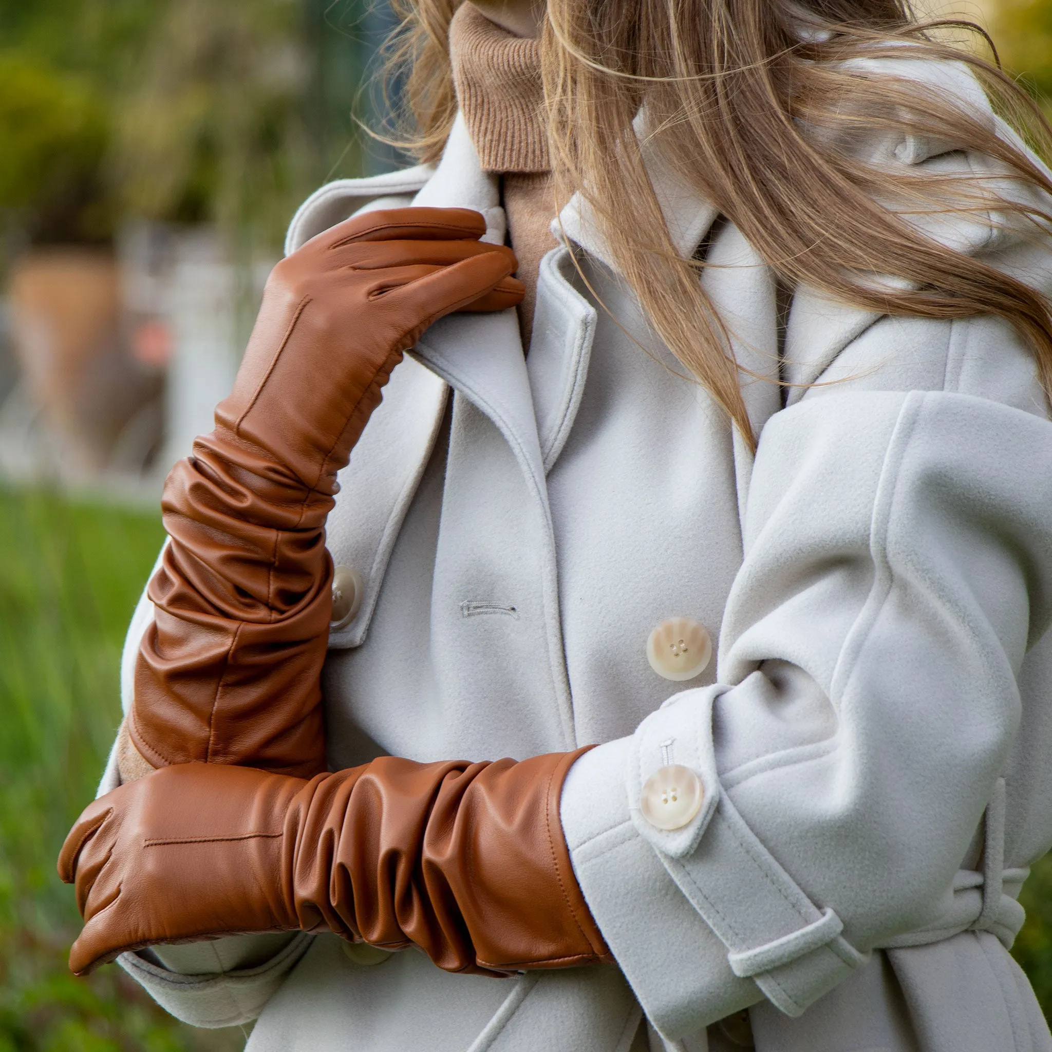 Women's Single-Point Long Above-Elbow Lined Leather Gloves