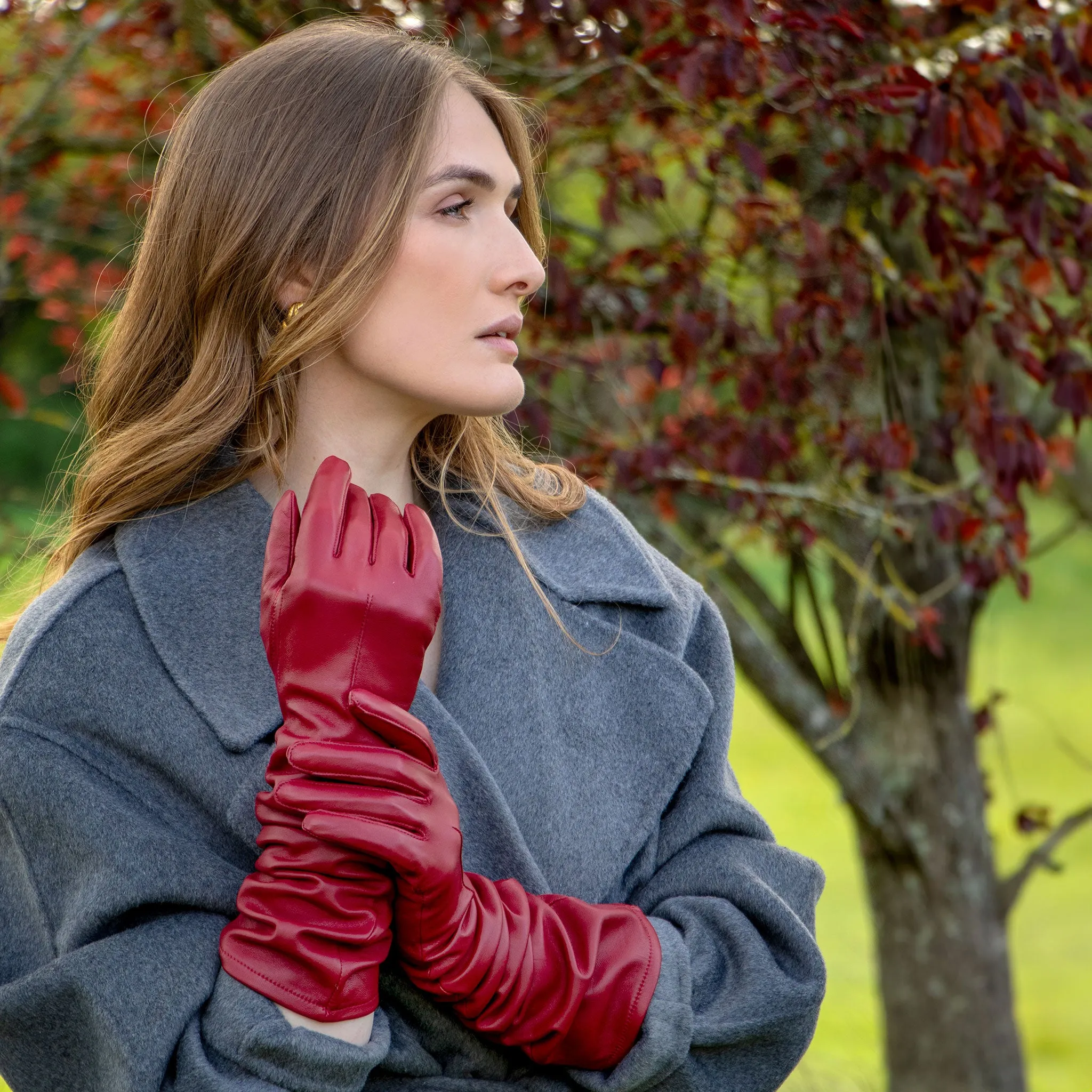 Women's Single-Point Long Above-Elbow Lined Leather Gloves