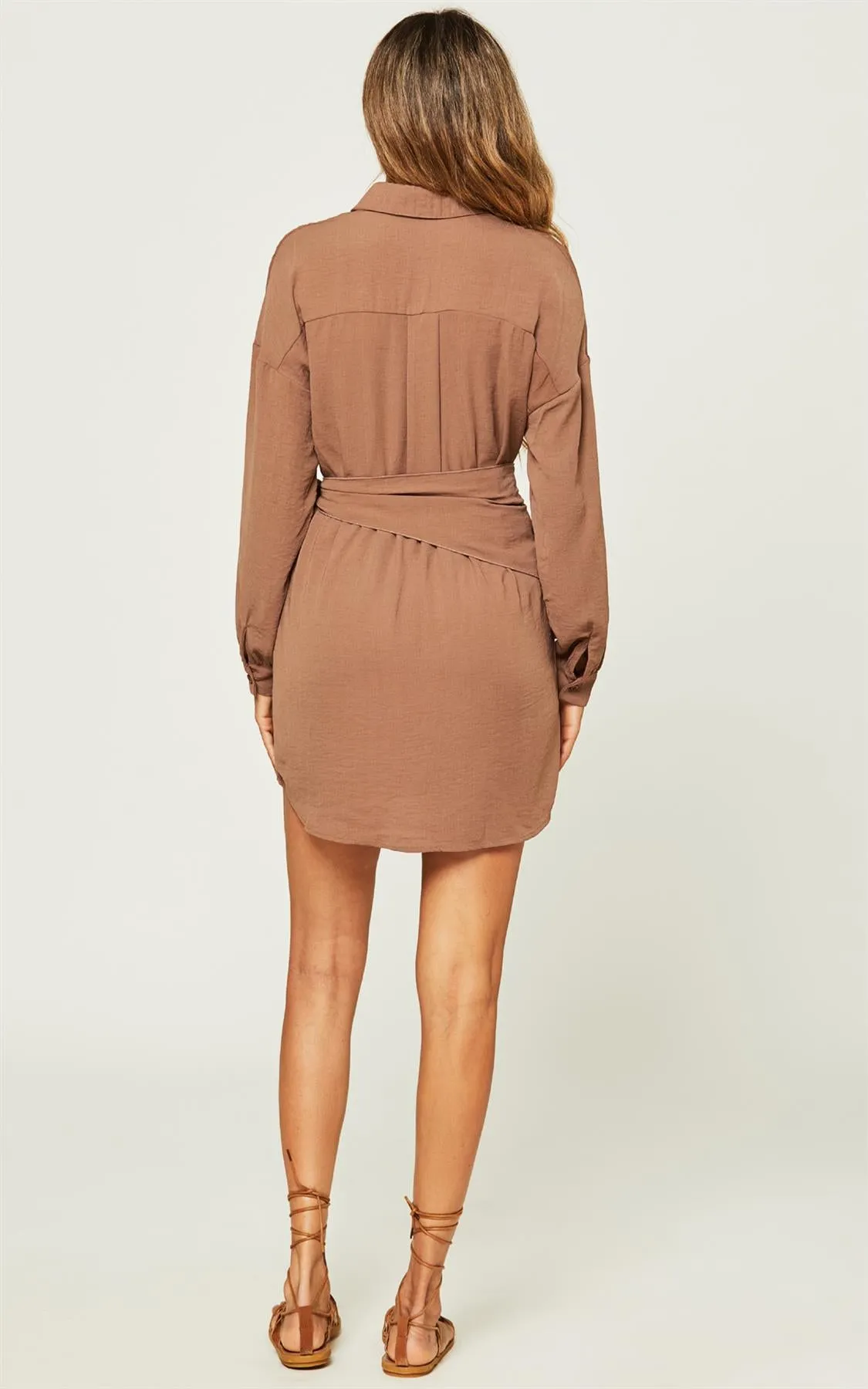 Wrap Style Tie Front Mini Shirt Dress In Taupe Brown