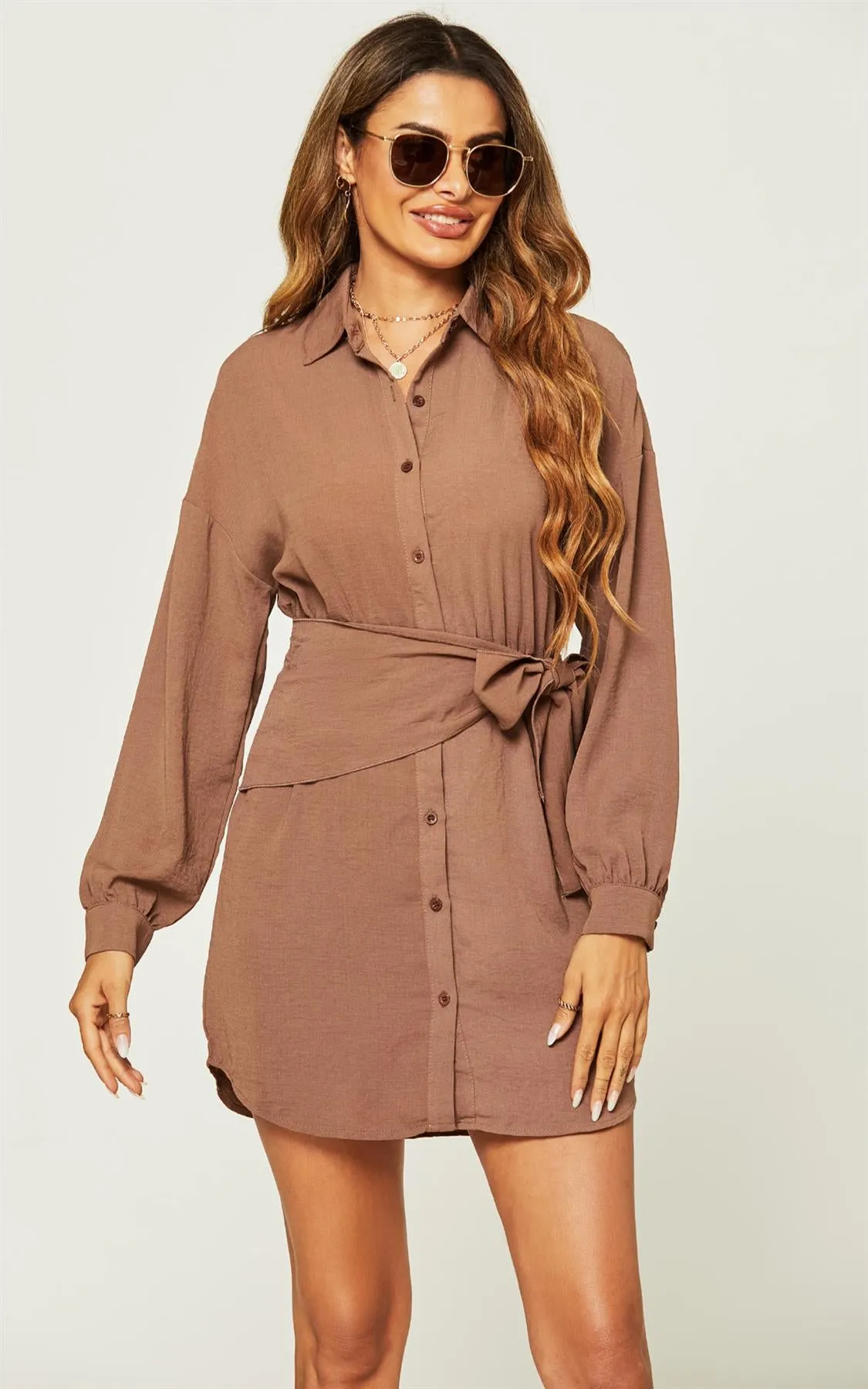 Wrap Style Tie Front Mini Shirt Dress In Taupe Brown