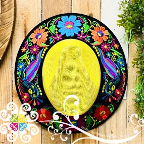 Yellow Embroider Summer Hat - Black Floral Rim